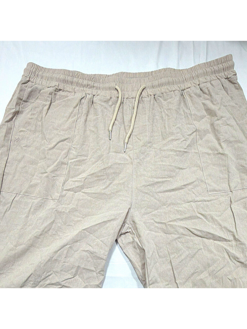 Men’s Beige Solid Capri Pants L Regular Drawstring Elastic Waist, 22" Waist